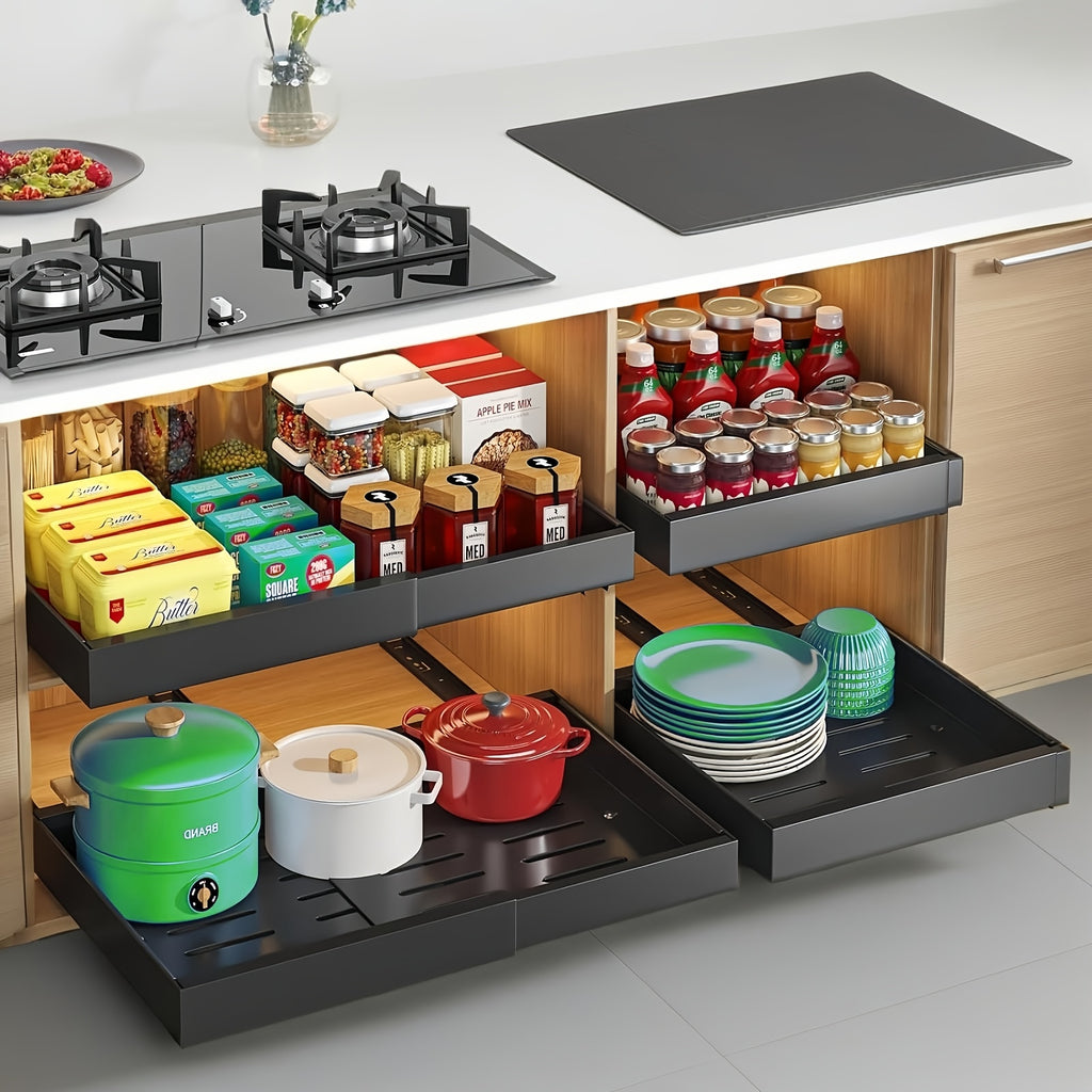 Easy-Access Pull-Out Cabinet Organizer – smooth-access cabinet organization, Set of 4 Sturdy Carbon Steel Sliding Storage Organizers for Kitchen Cabinets Featuring Expandable, designed for American homes, daily convenience and practical gifting