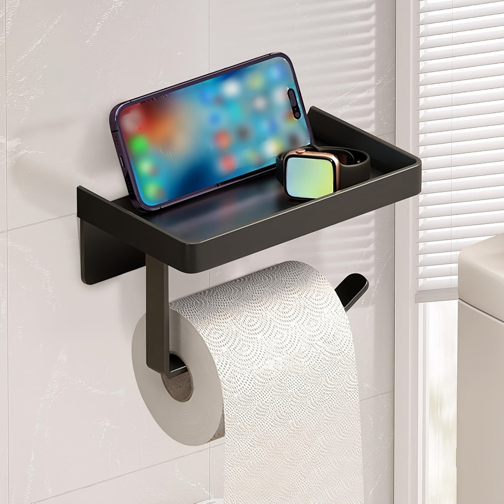 A Black Metal Toilet Paper Holder That Is Easy to Install Without Nails, Also Serves As a Multifunctional Storage Rack for Kitchens And Bathrooms, Ideal for Organizing Spices And Other Items