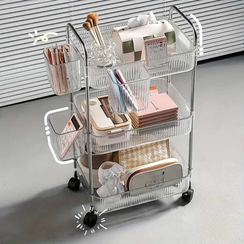 3/4 Tier Rolling Storage Cart with Hanging Storage Boxes, Multifunctional Utility Cart, Acrylic Material & Modern Minimalist Transparent Design, Alloy Frame Handle & 360° Rotating Silent Roller, Snack Cart for Dorm, Bathroom, Bar, Kitchen