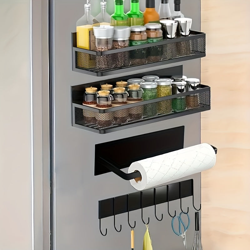 2/3/5pcs Multifunctional Magnetic Refrigerator Spice Organizer Set, Magnetic Kitchen Paper Towel Holder, Magnetic Refrigerator Kitchen, Space Saving Design, Hole-Free Design, Kitchen Accessories, Home Decoration, Utility Shelves