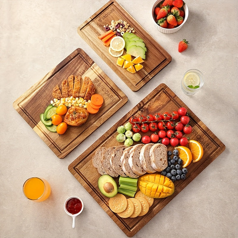 3pcs Bamboo Chopping Board - Extra-Large & Thick, Butcher Block with Juice Grooves, Integrated Handles - Multi-Purpose Wood Cutting Board for Kitchen, Ideal for Meat, Cheese & Charcuterie
