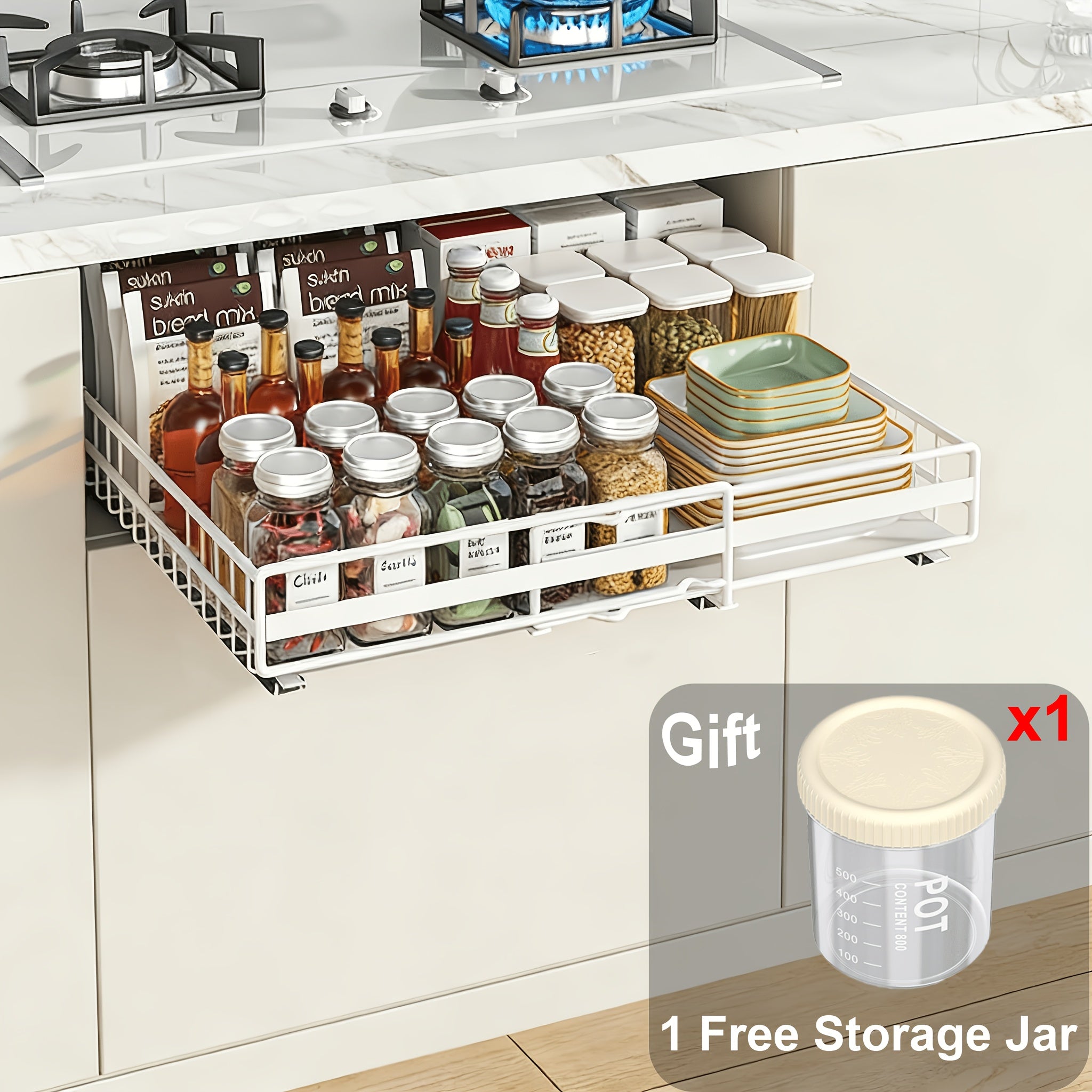 Storage Rack – 1 2pcs Retractable Kitchen Drawer Style Storage Rack with Silent Slide Rail