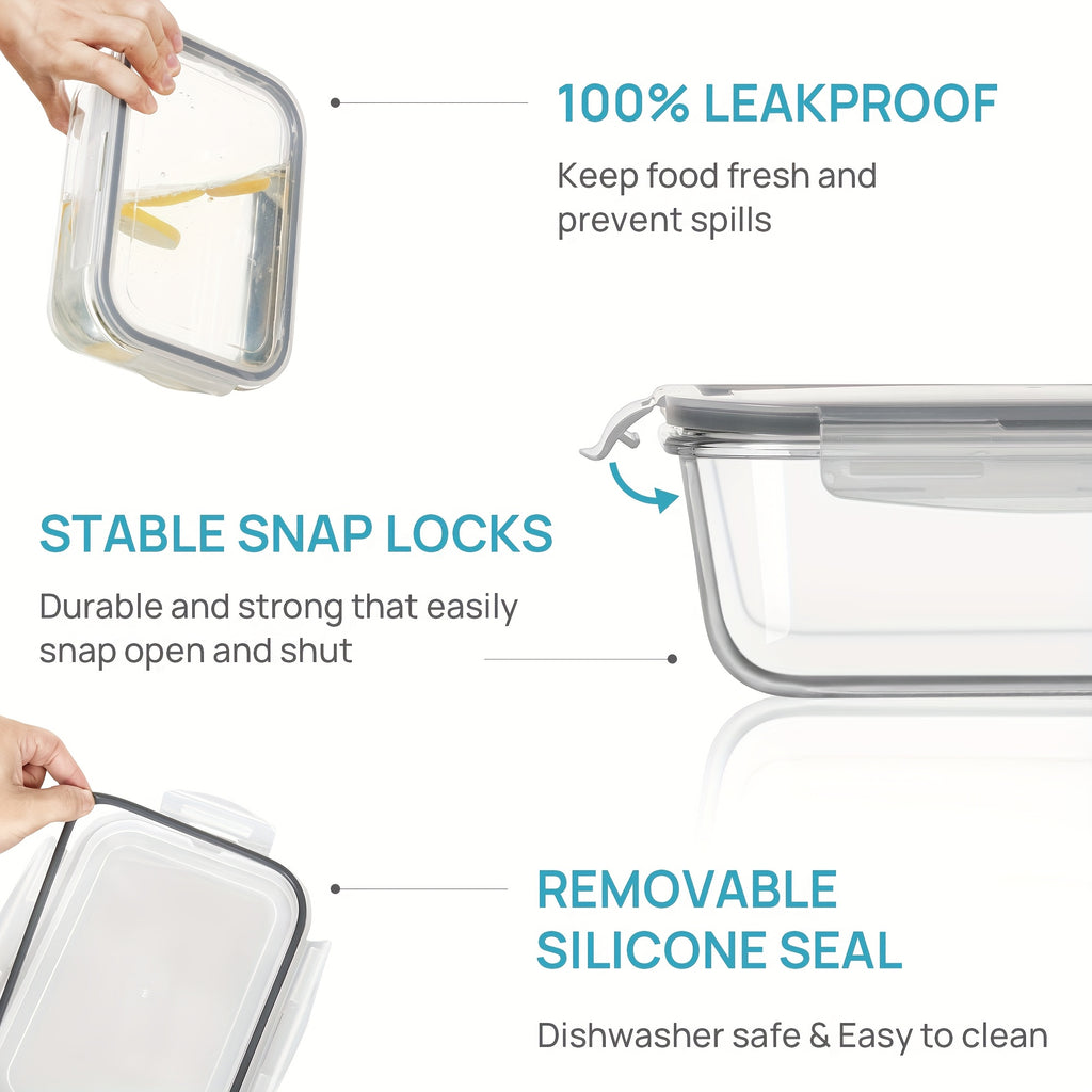 2Pack 1860ml/ 63oz Large Glass Storage Containers With Lids, Meal Prep Food Container Set With Snap Airtight Lid For Baking, Microwave, Oven, Leak Proof, For Freezer, Dishwasher