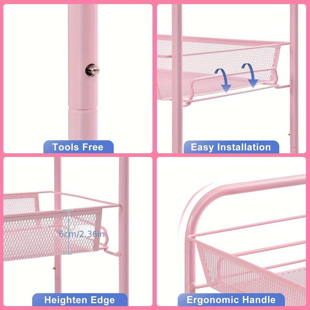 3-Tier Metal Rolling Cart - Mesh Wire Easy Assemble Utility Cart, Storage Trolley on Wheels with 3 Hooks, Metal Storage Shelving Units for Kitchen, Bathroom, and Laundry Room