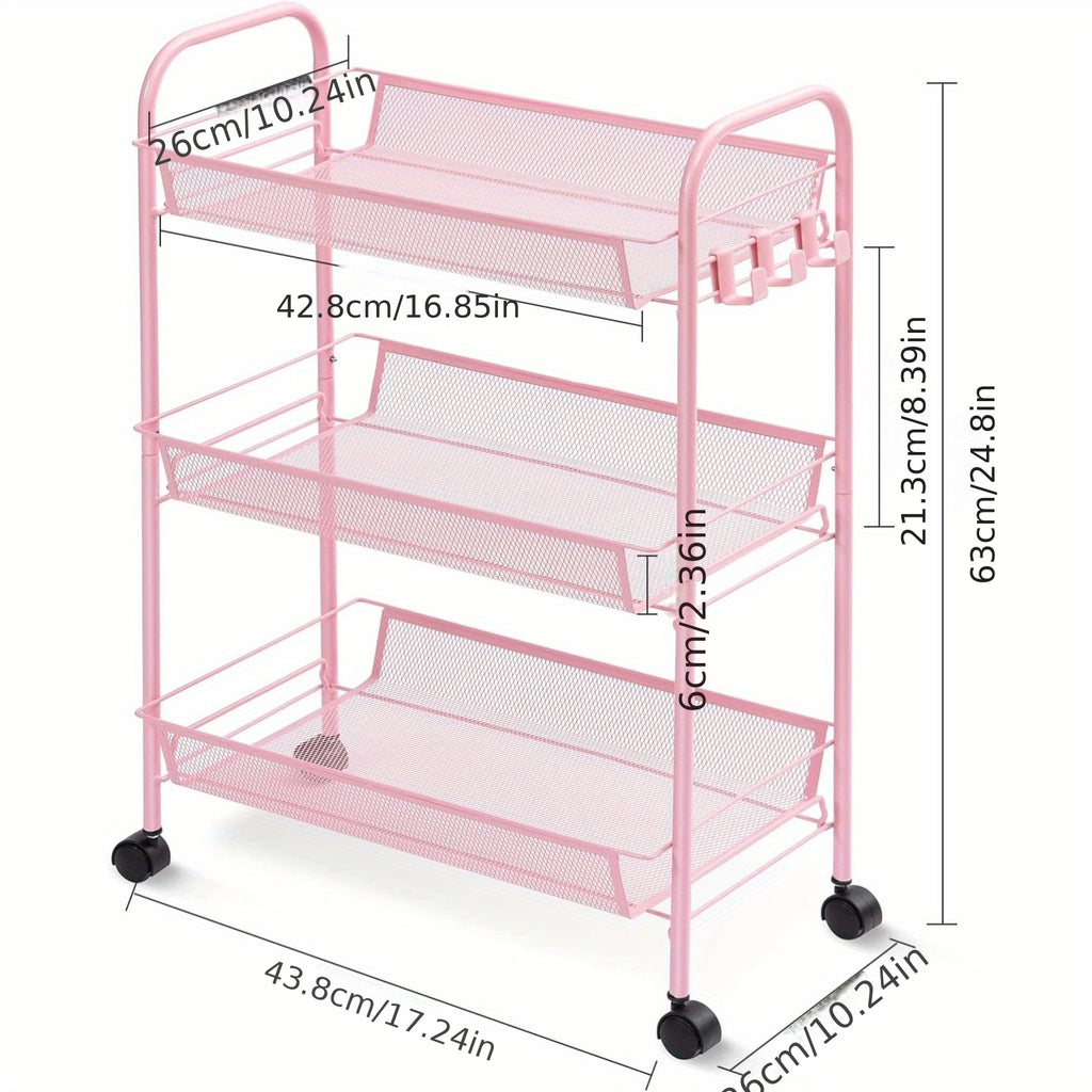 3-Tier Metal Rolling Cart - Mesh Wire Easy Assemble Utility Cart, Storage Trolley on Wheels with 3 Hooks, Metal Storage Shelving Units for Kitchen, Bathroom, and Laundry Room