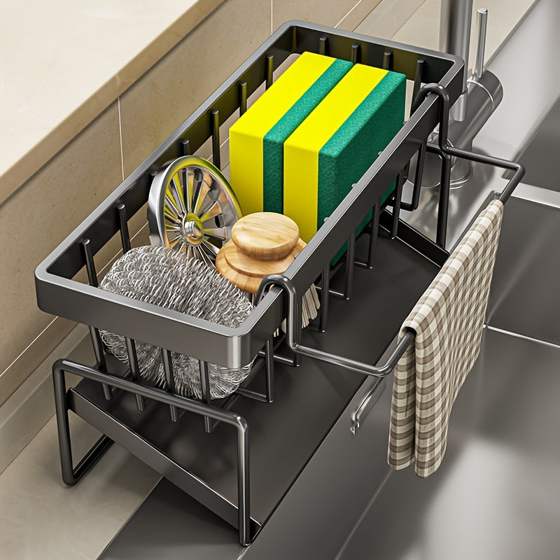 Kitchen Essential – High Quality Kitchen Sponge Rack Above Sink, Carbon Steel and Plastic Dishwasher Rack, Multifunctional Towel and Sponge Storage Rack, Space Saving Home Organizer -9.06x4.