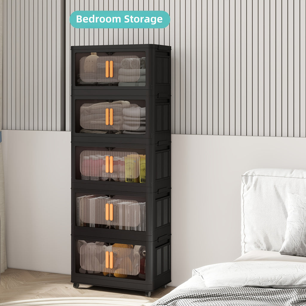 4/5 Tier Large Double Door Storage Locker & Bin, Collapsible Stackable Sturdy Space-Saving Plastic Organizer with 360° Rotatable Lockable Wheels - All-Purpose Organizer for Dorm, Office, Closet, Living Room, Gym, School, Garage, Bedroom, Basement