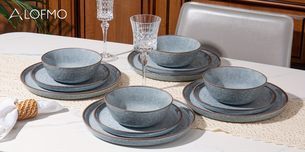 Heavy-Duty 12pcs Decorative Home Lighting – warm functional room lighting, ALOFMO 12pcs Light Grayish Blue Reactive Glaze Ceramic Dinnerware Set High-Quality Water Wave Stoneware, designed for American homes, daily convenience and practical gifting