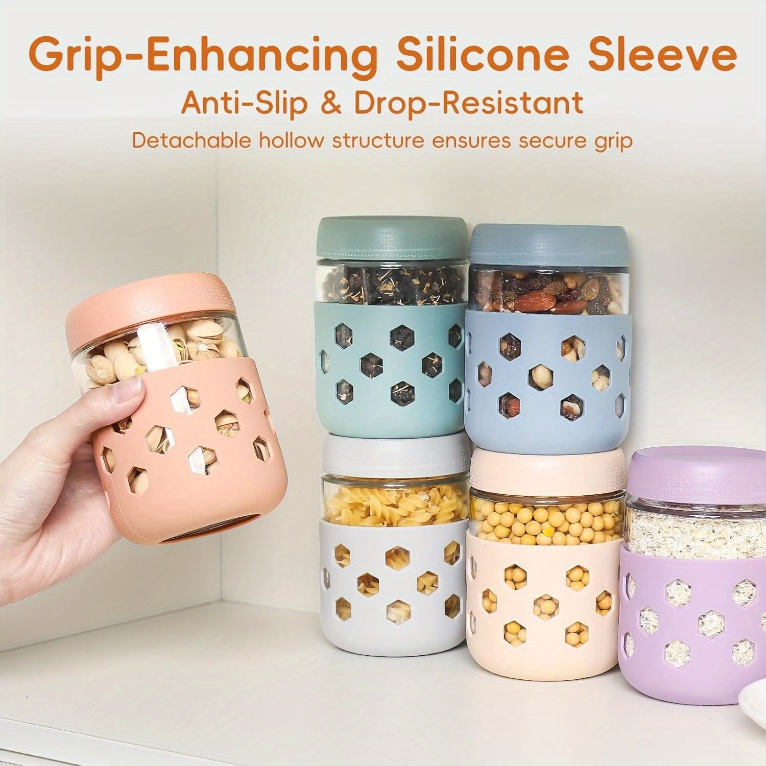 6-pack 16 Oz Overnight Oats Containers With Lids Protective Silicone Sleeve, Glass Jars With Airtight Lids, Wide Mouth Mason Salad Jars, Glass Food Storage Containers For Snacks Yogurt Spice Sugar