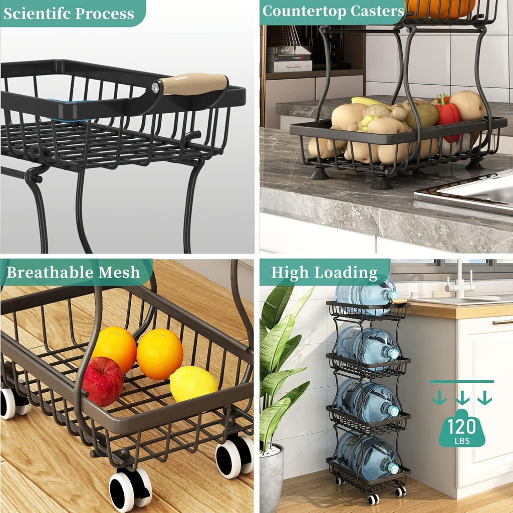 4/5 Layer Fruit And Vegetable Basket, Stackable Metal Storage Cart (with Wheels), Rotating Storage Rack, Narrow Gap Cart, Corner Rack, Open Shelf | Suitable For Kitchen, Pantry, Bathroom, Floor Standing Food Storage Machine