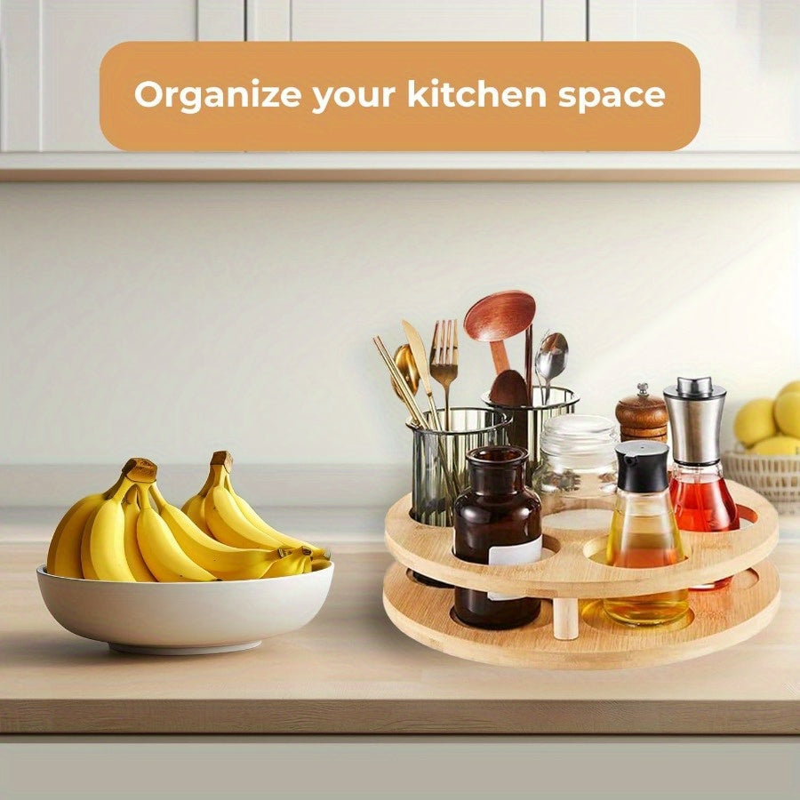 7 - Bottle 360 degree Rotating Storage Rack - Multi - Purpose Wooden Organizer for Kitchen Spices - Water Cups, Space-Saving Display Stand with Smooth Rotation,Tidy Desktop & Countertop Decor