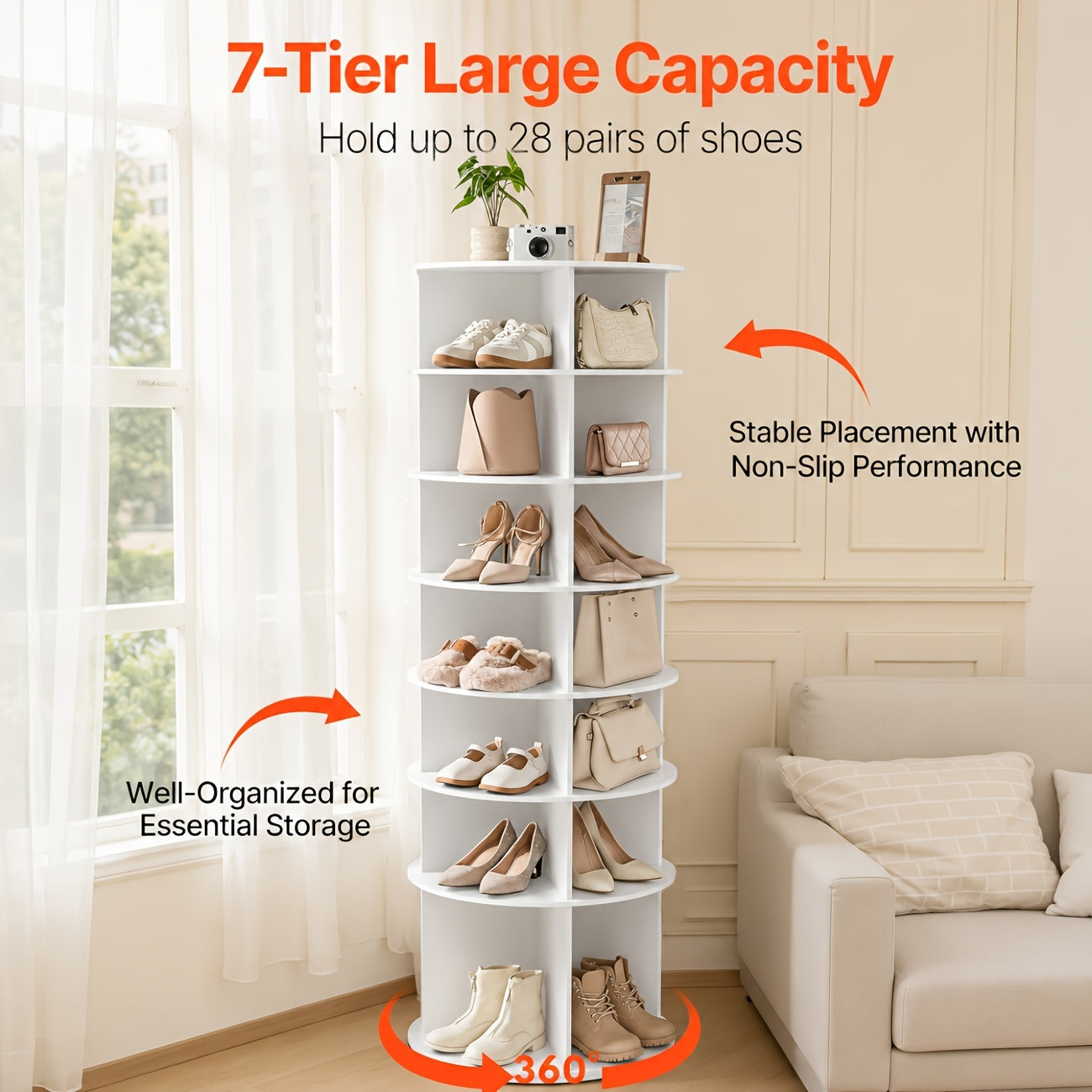 Kitchen Essential – 7-Tier 72.44in Tall Rotating Shelf - No-Drill Space-Saving Storage Rack, 360° Swivel Organizer, Easy Install Stackable Lazy Susan for Bathroom, Kitchen, Entryway, Closet