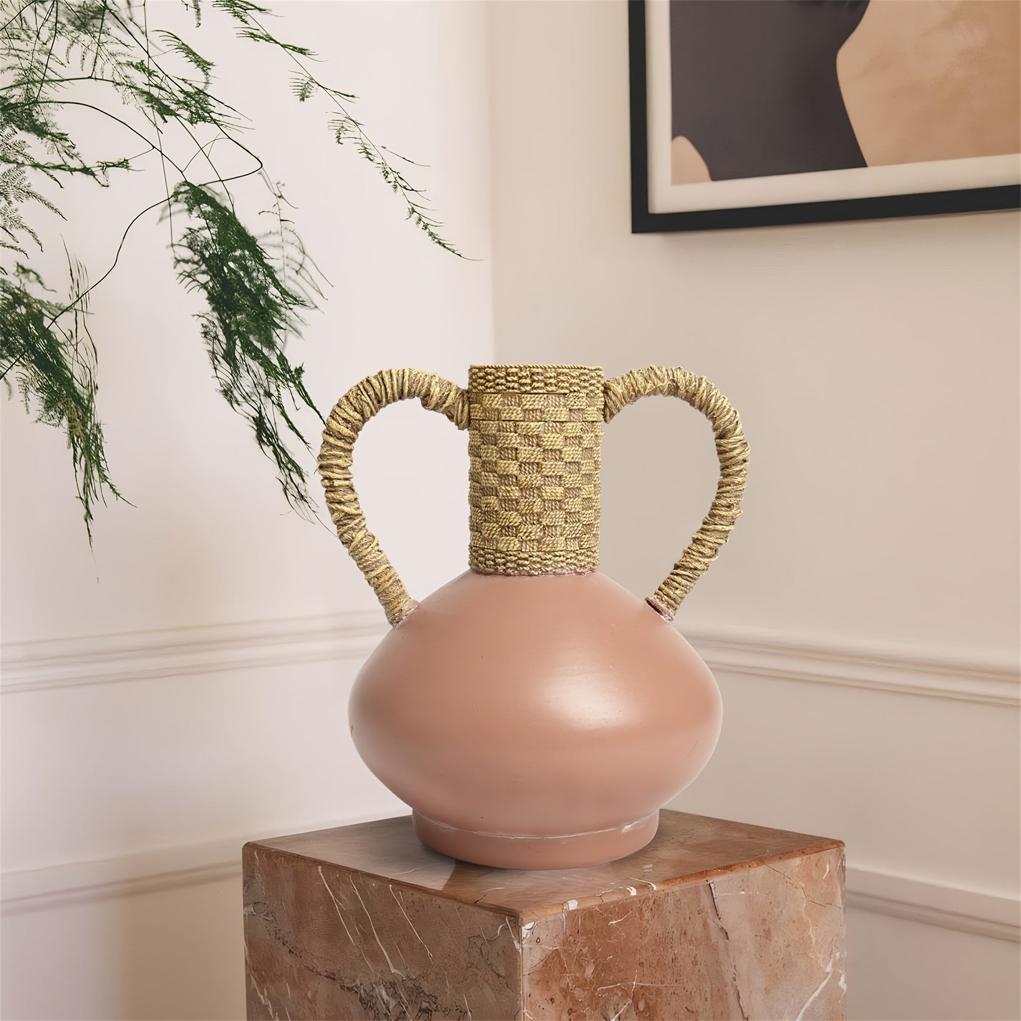 Terracotta Vase with Woven Handles, Rustic Decorative Flower Vase, Boho Farmhouse Home Decor for Living Room Shelf Tabletop Centerpiece