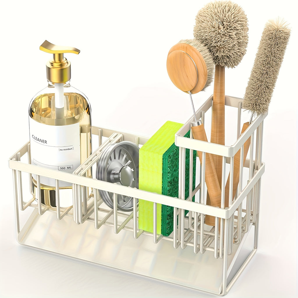 Durable Stainless Steel Kitchen Sink Organizer with Drain Tray - Heavy Duty 304 Rust-Proof Black Sink Storage Basket, Versatile Sponge And Brush Holder, Space-Saving Dish Rack Accessory for Sink And Countertop Without Dishwasher