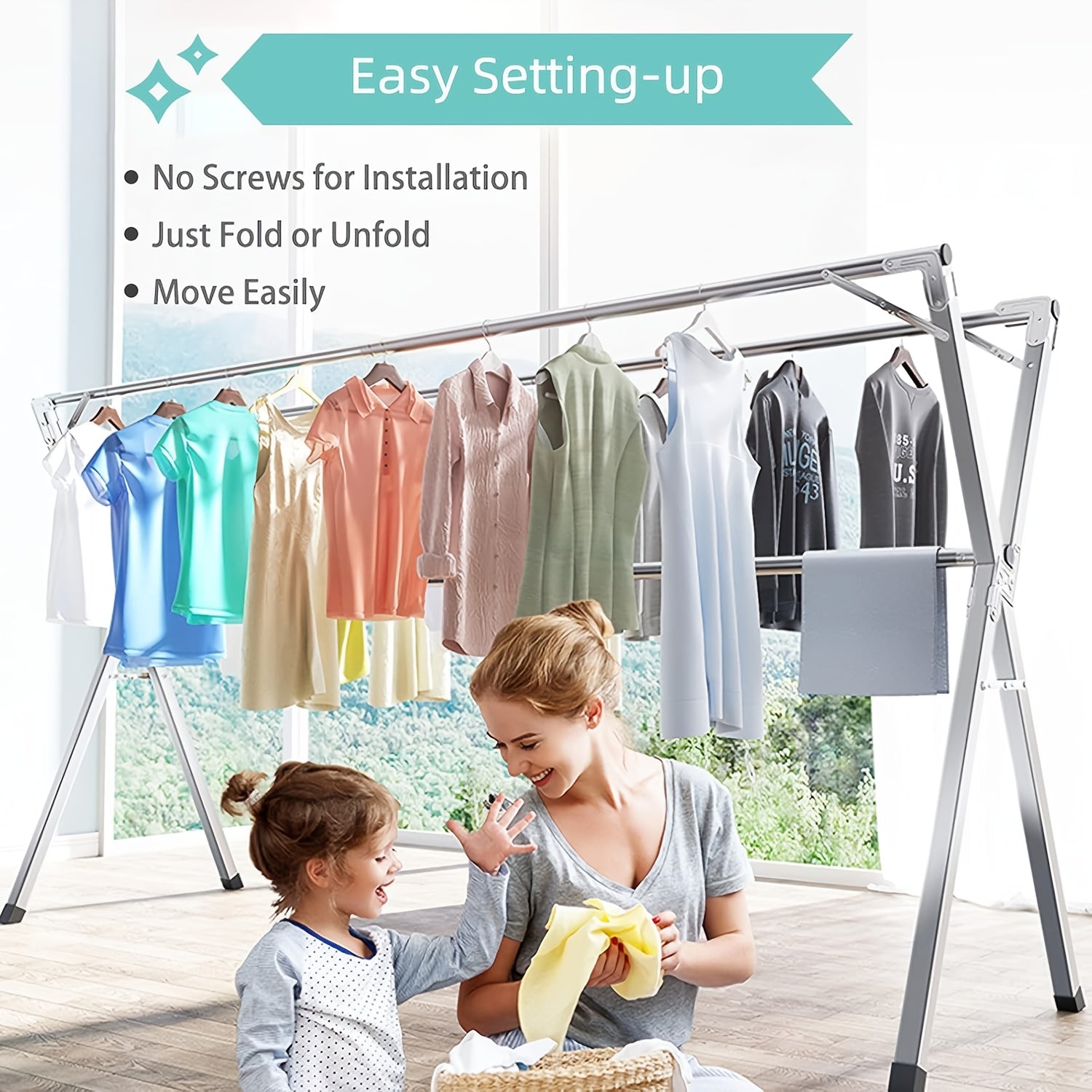 Foldable Metal Clothes Drying Rack, Adjustable Three Rod, with Space-Saving Storage, for Indoor And Outdoor Use, for Clothes, Blankets And Bedding, Drying Racks
