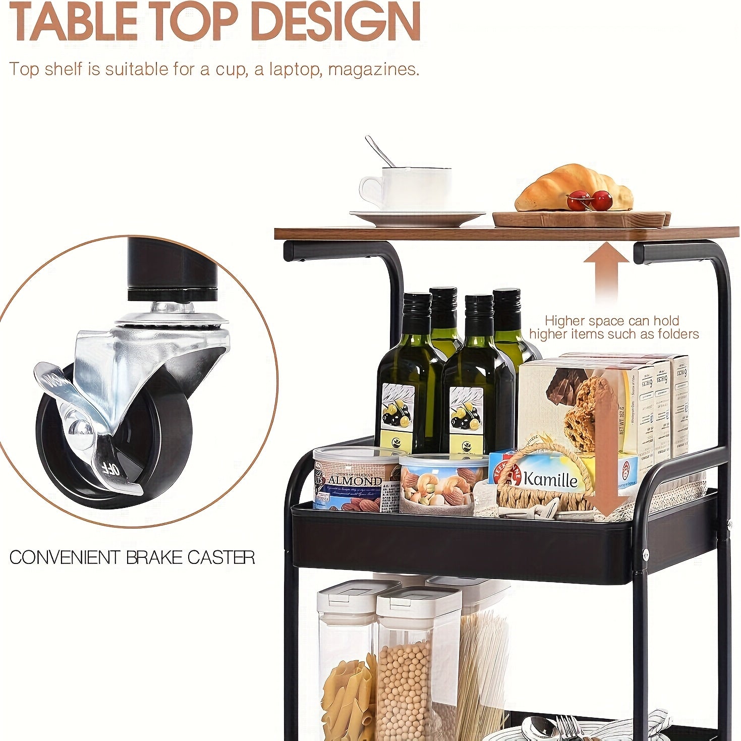 Premium Adjustable Home Storage Rack – durable multi-purpose storage, Three-Tier Metal Utility Cart Metal Storage Rack Rolling Cart with Wooden Tabletop Multifunctional Storage, designed for American homes, daily convenience and practical gifting