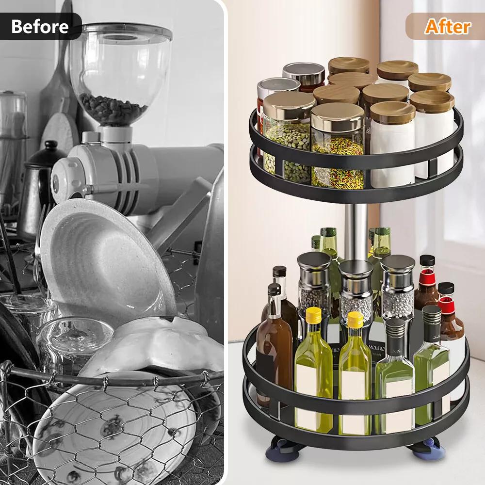 Kitchen Essential – Lazy Susan Organizer Spice Rack - 2 3 Tier Height Adjustable Spice Organization for Cabinet, Metal Seasoning Organizer Lazy Turntable Spice Organizer for Table Top Pantry