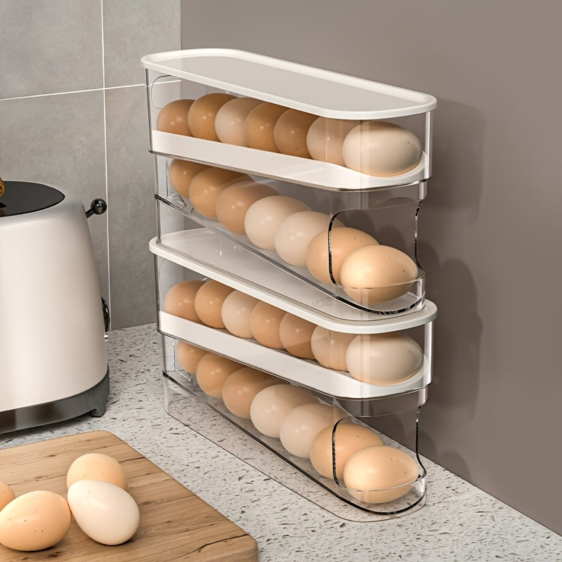 Automatic Rolling Sliding Egg Rack, Space-Saving Design with Easy Access Sliding Tiers And Transparent Compartment, for Kitchen And Refrigerator Storage, Durable No Batteries Required