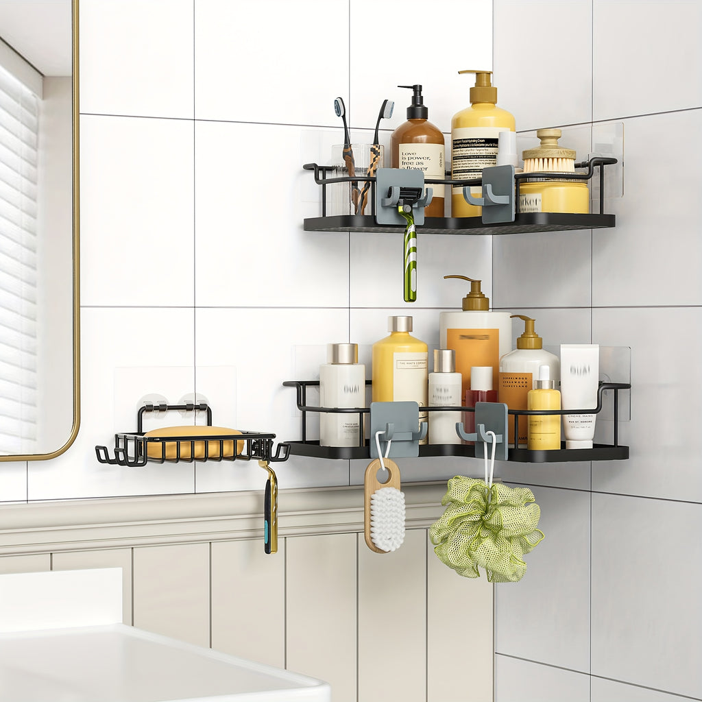 2/3pcs Stainless Steel No Punching Bathroom Shelf, Large Capacity Bathroom Kitchen Sundries Storage Rack, Bathroom Soap Razor Storage Rack, Room Bedroom Wall-Mounted Sundries Storage Rack, with Four Hook Design, Bathroom Additions, Shelves