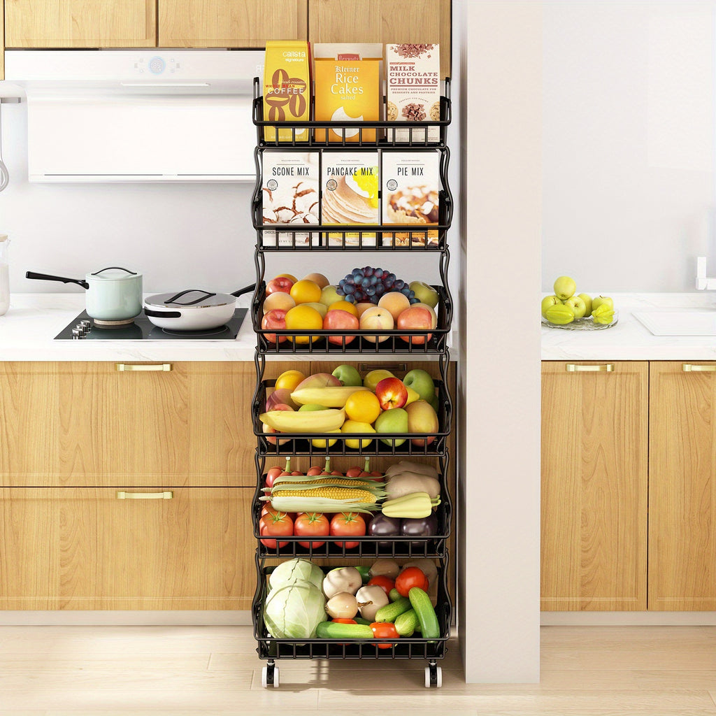 6-Tier Stackable Metal Wire Storage Basket Organizer with Wheels - Space-Saving Kitchen Pantry Organizer for Fruits, Vegetables, Utensils & Utensil Holders, Durable Rectangular Design, Pantry Organizers And Storage, Open Shelf Design, Visible Content Acce