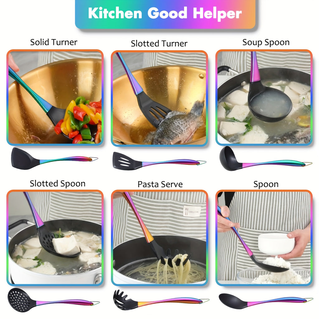 9pcs Silicone Cooking Utensils, Rainbow Kitchen Utensils Set, Titanium Cooking Utensils Set with Stainless Steel Handle, Silicone Spatula, Heat Resistant Silicone Utensils for Cooking, Non-Stick Spatula Set, Ladle with Stainless Steel Handle