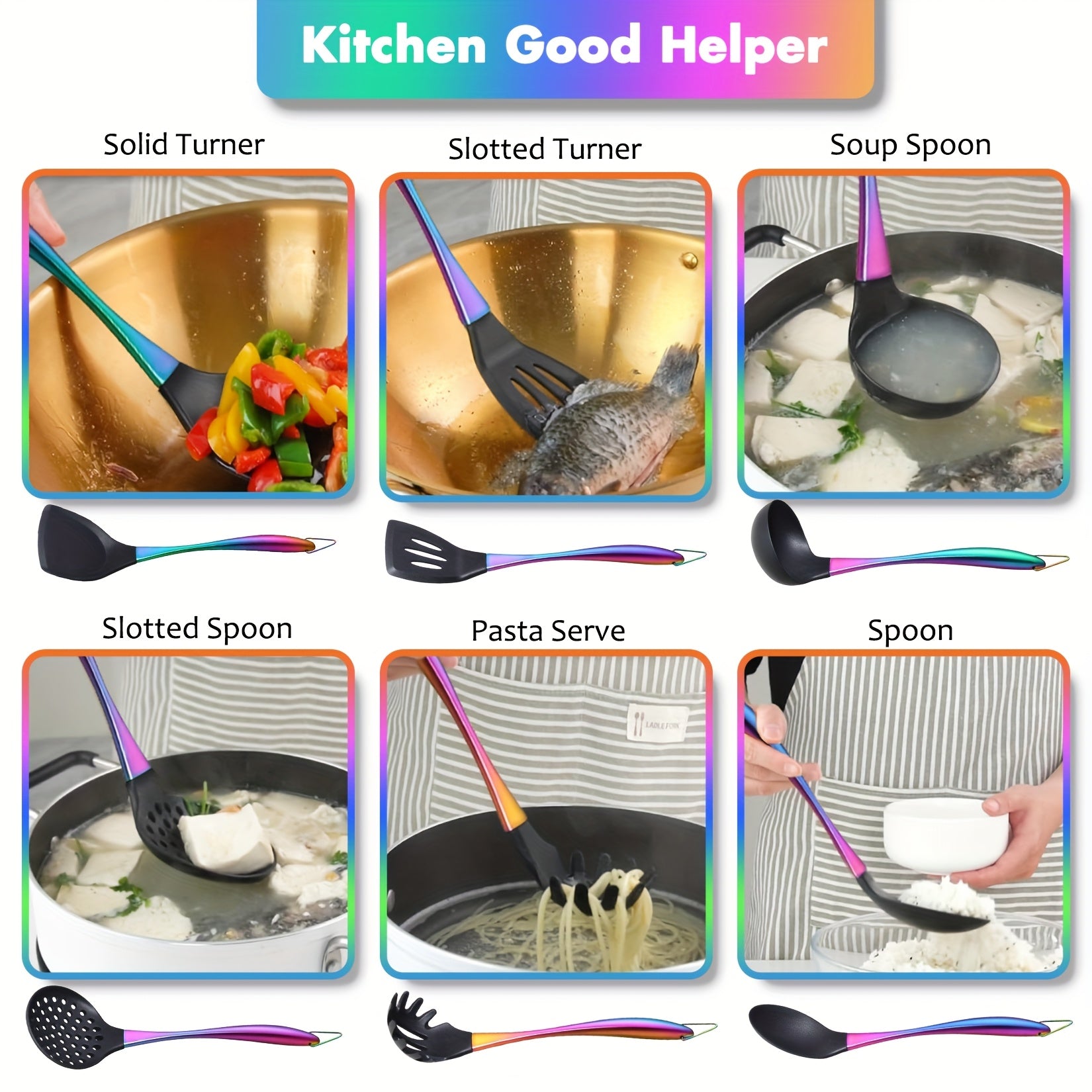 9pcs Silicone Cooking Utensils, Rainbow Kitchen Utensils Set, Titanium Cooking Utensils Set with Stainless Steel Handle, Silicone Spatula, Heat Resistant Silicone Utensils for Cooking, Non-Stick Spatula Set, Ladle with Stainless Steel Handle