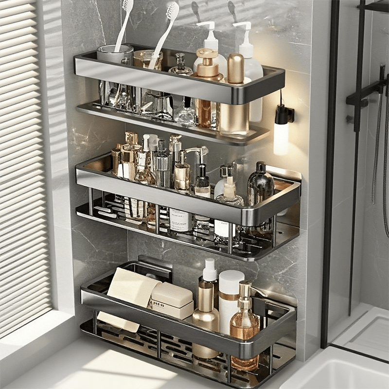 1/2/3pcs Metal Punch-free Bathroom Rack, Thickened, Easy to Install, Multi-piece Bathroom Rack, Punch-free Wall-mounted Storage Rack, Large-capacity Wall-mounted Black And Silvery Multi-function Storage Rack Suitable for Toilets And Bathrooms