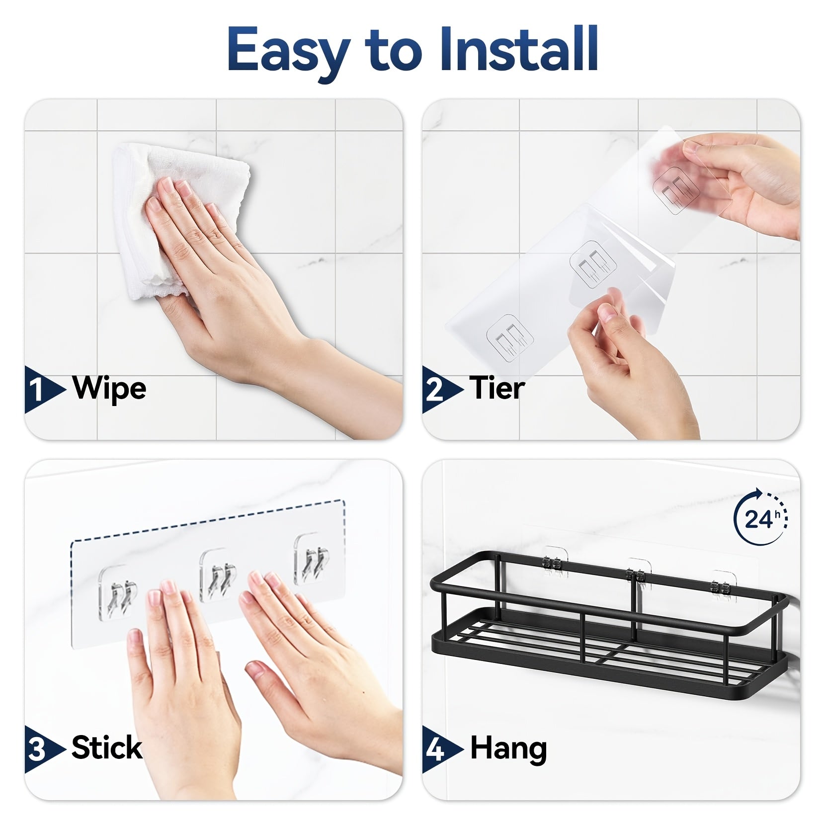 Bathroom Organizer – No Drill Adhesive Shower Caddy with Removable Hooks - Wall-Mounted Rustproof Stainless Shelves Suitable for Bathroom, Shower System, Embedded Shelf for Tiles, Painted fo