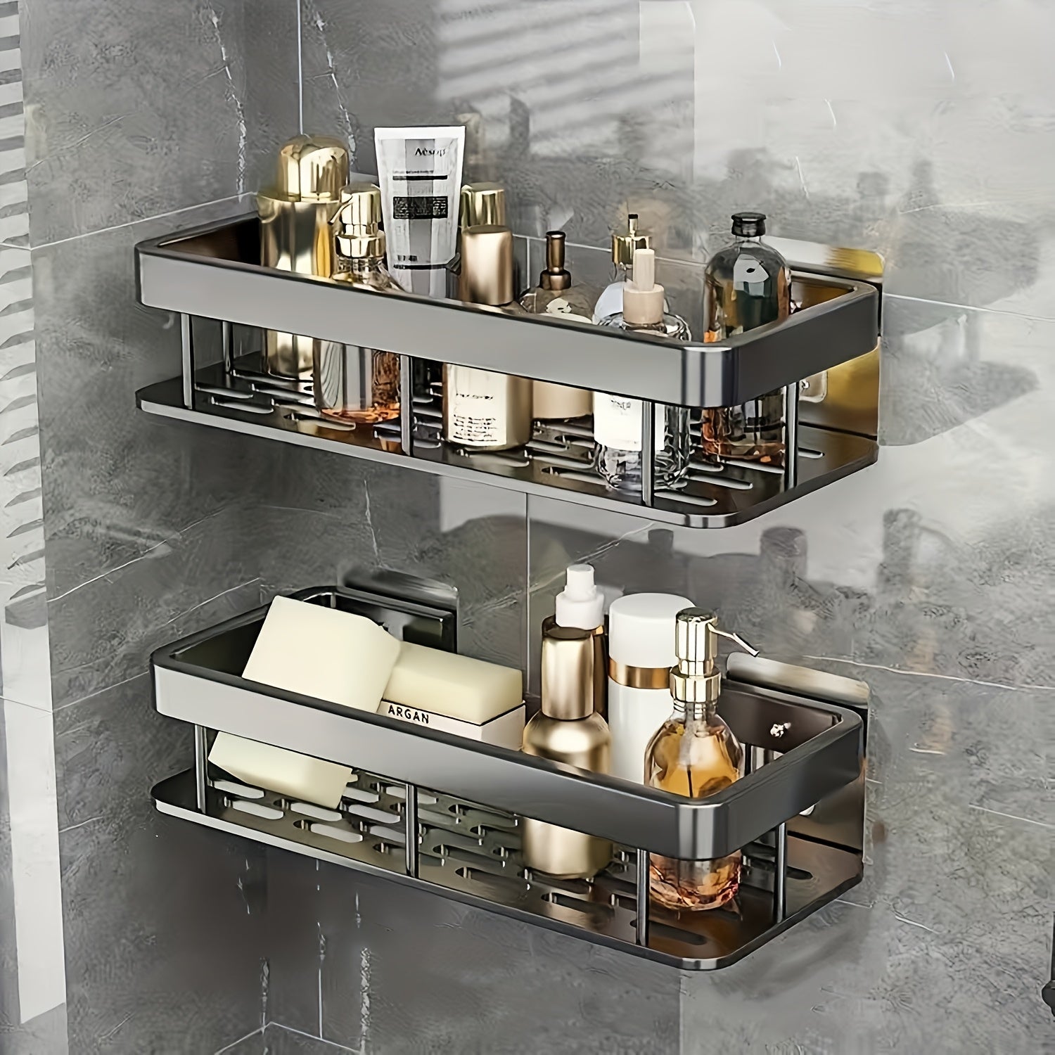 Space-Saving 2pcs Adjustable Home Storage Rack – durable multi-purpose storage, Christmas Essential 2pcs Stainless Steel Bathroom Shelf No-Drill Wall-Mounted Kitchen Spice Rack Large Capacity, designed for American homes, daily convenience and practi