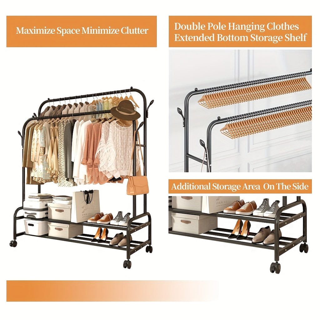 Heavy-Duty Adjustable Home Storage Rack – durable multi-purpose storage, Sturdy Metal Double Rodding Clothes Rack with Wheels Portable Clothing Rack with Shelves Hooks, designed for American homes, daily convenience and practical gifting