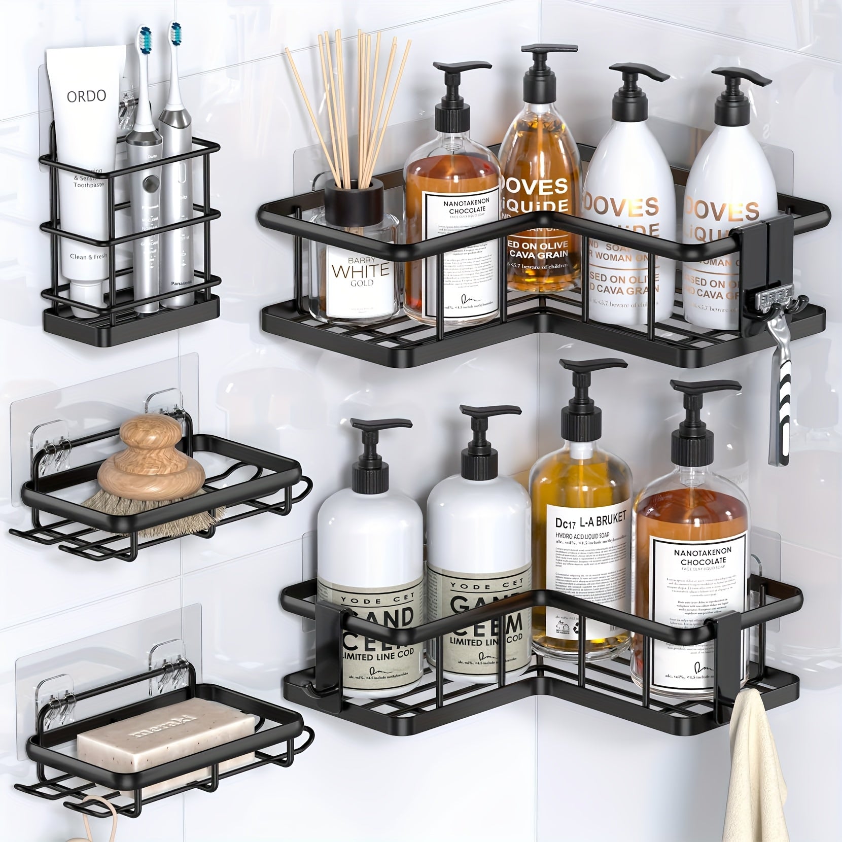 Versatile 5pcs Adjustable Home Storage Rack – durable multi-purpose storage, 5pcs Corner Adhesive Shower Caddy with Soap Holder And Toothbrush Holder Rustproof Stainless Steel, designed for American homes, daily convenience and practical gifting