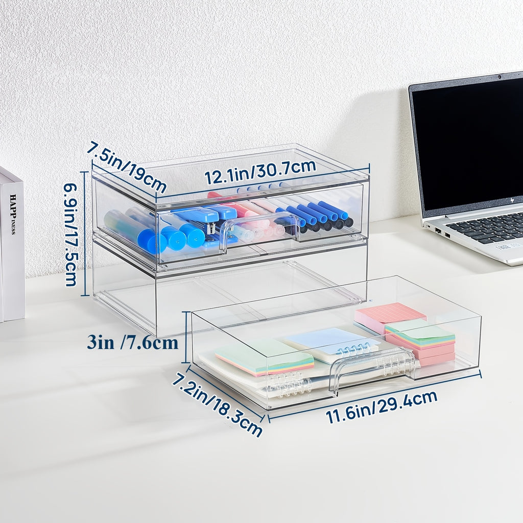 7.5"D X 12.1"W X 3.5"H Table And Drawer Storage, 2-Pack Clear Stackable Storage Drawers, Acrylic Plastic Organizer Bins, Ideal for Desk Organization, Desk & Drawer Organizer for Home Storage