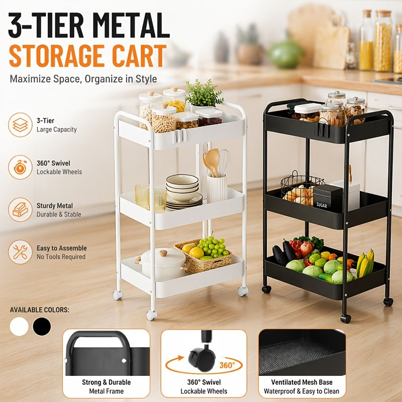 Premium Adjustable Home Storage Rack – durable multi-purpose storage, Triple-tier Carbon Steel Multi-functional Rolling Storage Cart Versatile Shelving Unit Snack Rack with Portable, designed for American homes, daily convenience and practical giftin