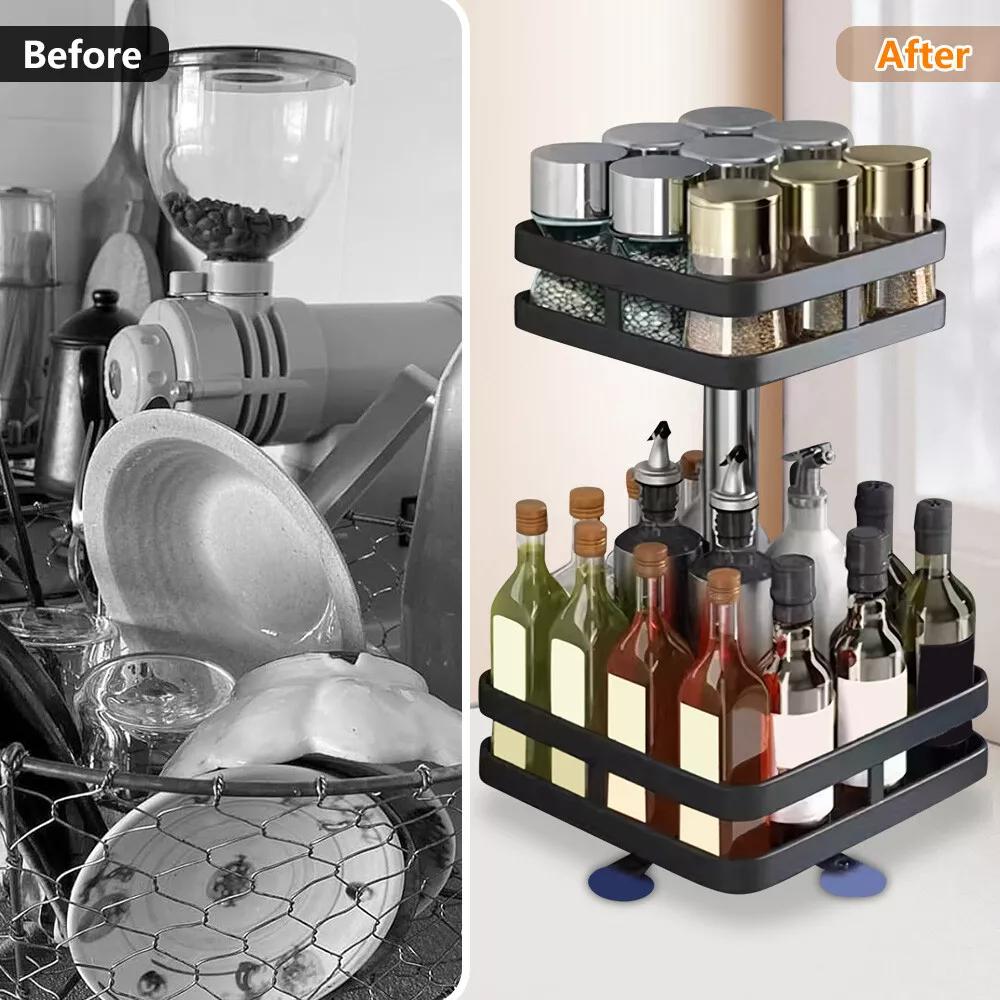 2 Tier Metal Lazy Susan Spice Rack Rotate Height Adjustable Seasoning Organizer