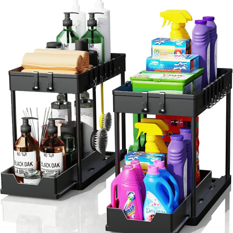 Space-Saving 2 Pack Stackable Home Storage Bins – portable space-saving storage, 2 Pack Under Sink Organizers and Storage 2-Tier Sliding Cabinet Basket Organizer with Hooks, designed for American homes, daily convenience and practical gifting