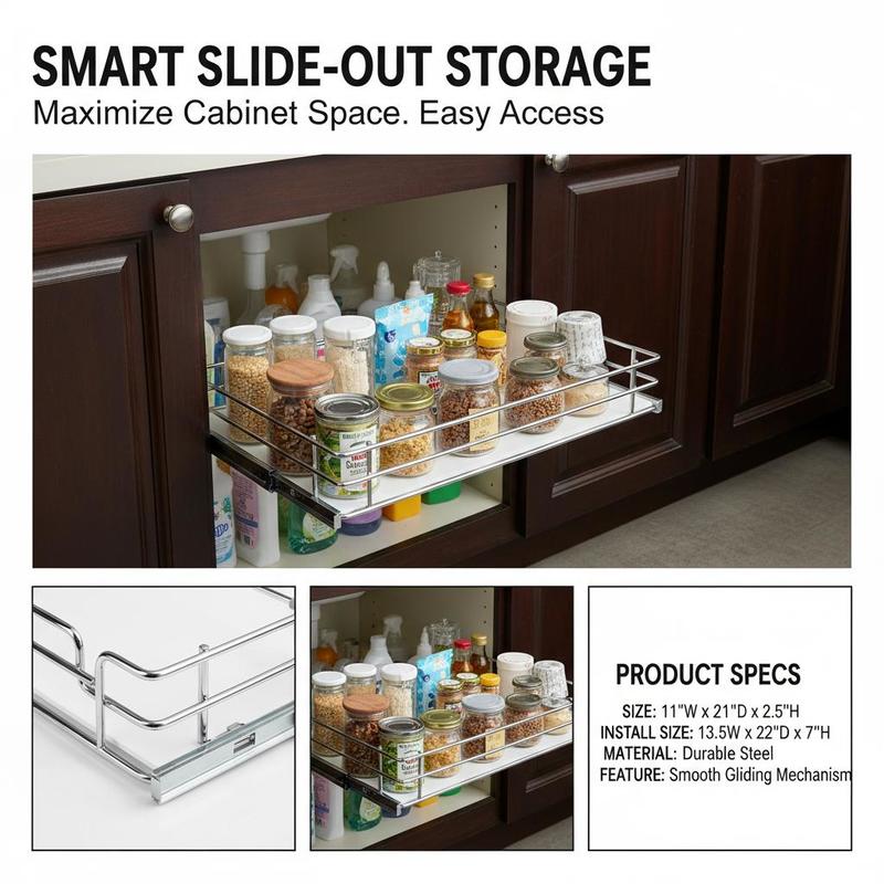 Sliding Cupboard Tray 11'Wx21'Dx2.5'H for Kitchen Pantry Bathroom, Heavy Duty Metal Construction Smooth Glide Rails Space Organization Under Sink Storage 13.5'Wx22'Dx7'H Cabinet Fitment