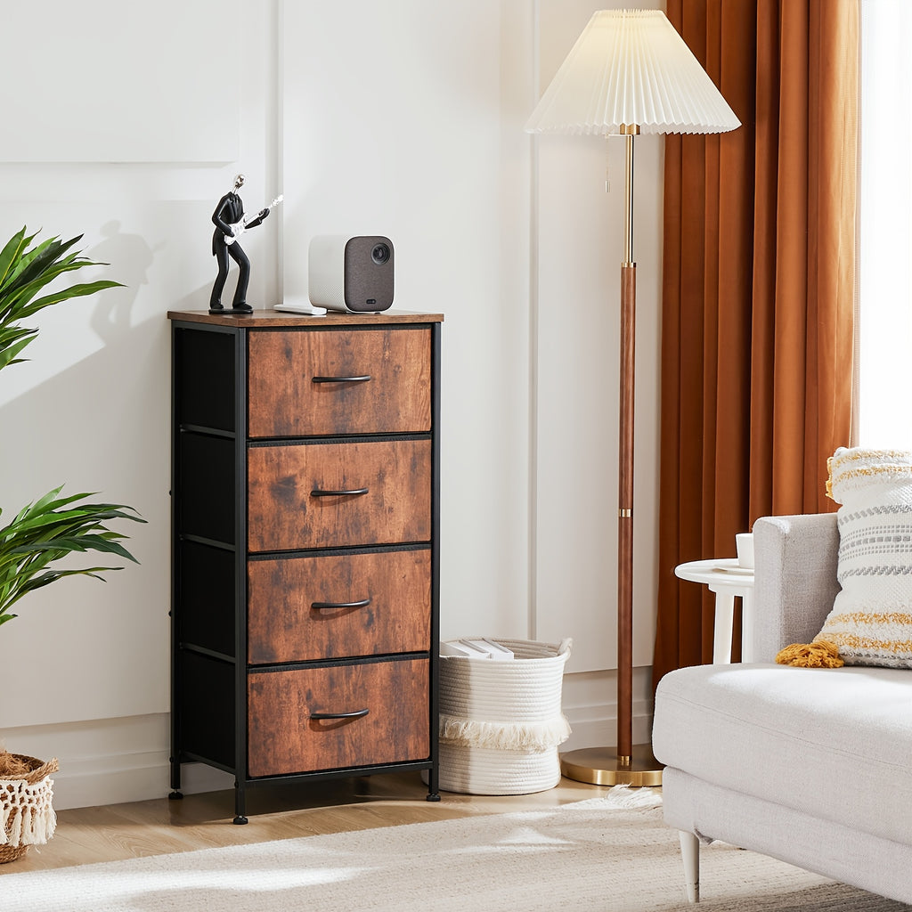 4-Drawer Dresser Organizer Storage Drawers, Chest of Drawers with Fabric Bin, Steel Frame, Wood Top, Use for Lab, Closet, Black/Brown/White/Gray to Choose