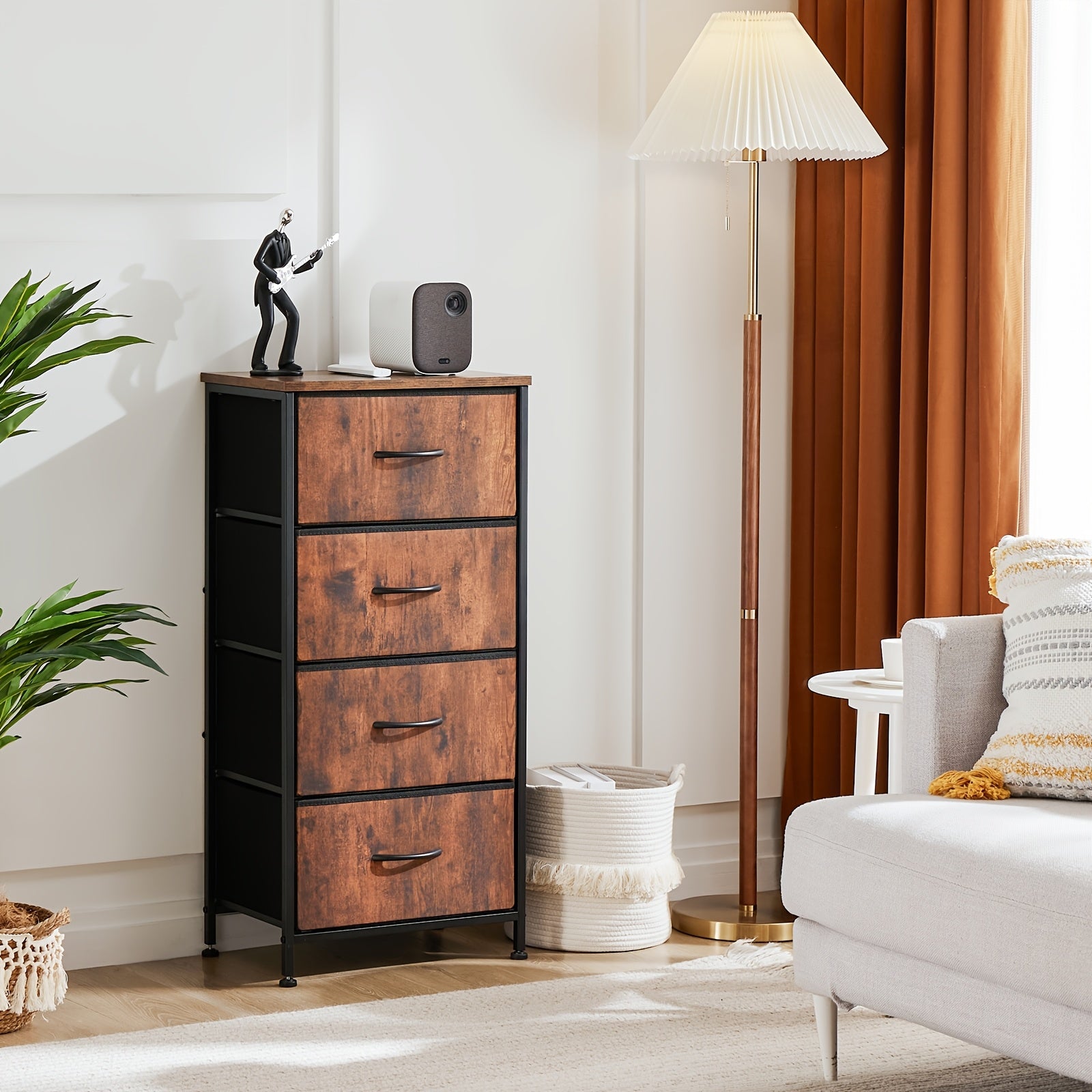 4-Drawer Dresser Organizer Storage Drawers, Chest of Drawers with Fabric Bin, Steel Frame, Wood Top, Use for Lab, Closet, Black/Brown/White/Gray to Choose