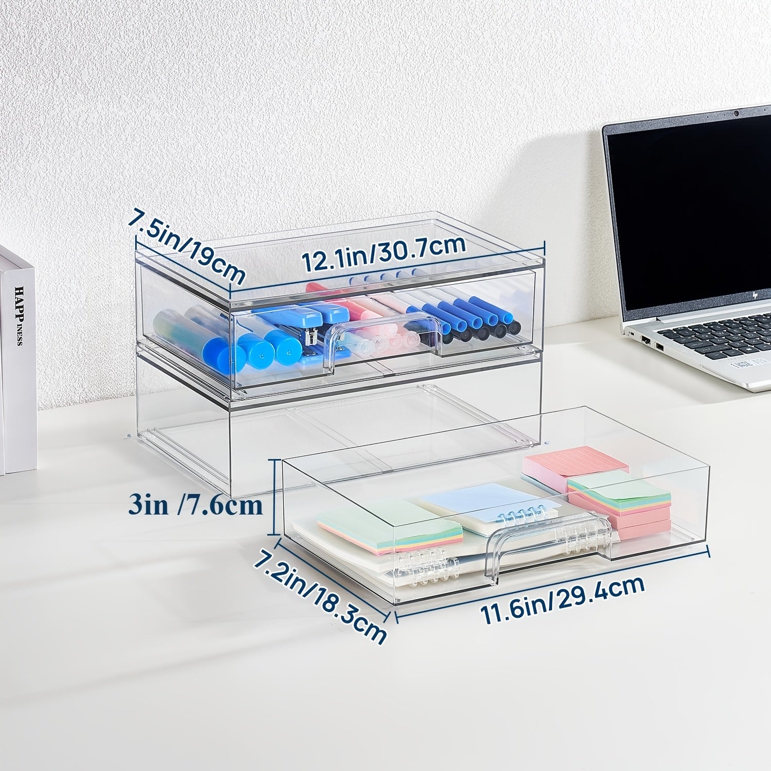 7.5"D X 12.1"W X 3.5"H Table And Drawer Storage, 2-Pack Clear Stackable Storage Drawers, Acrylic Plastic Organizer Bins, Ideal for Desk Organization, Desk & Drawer Organizer for Home Storage