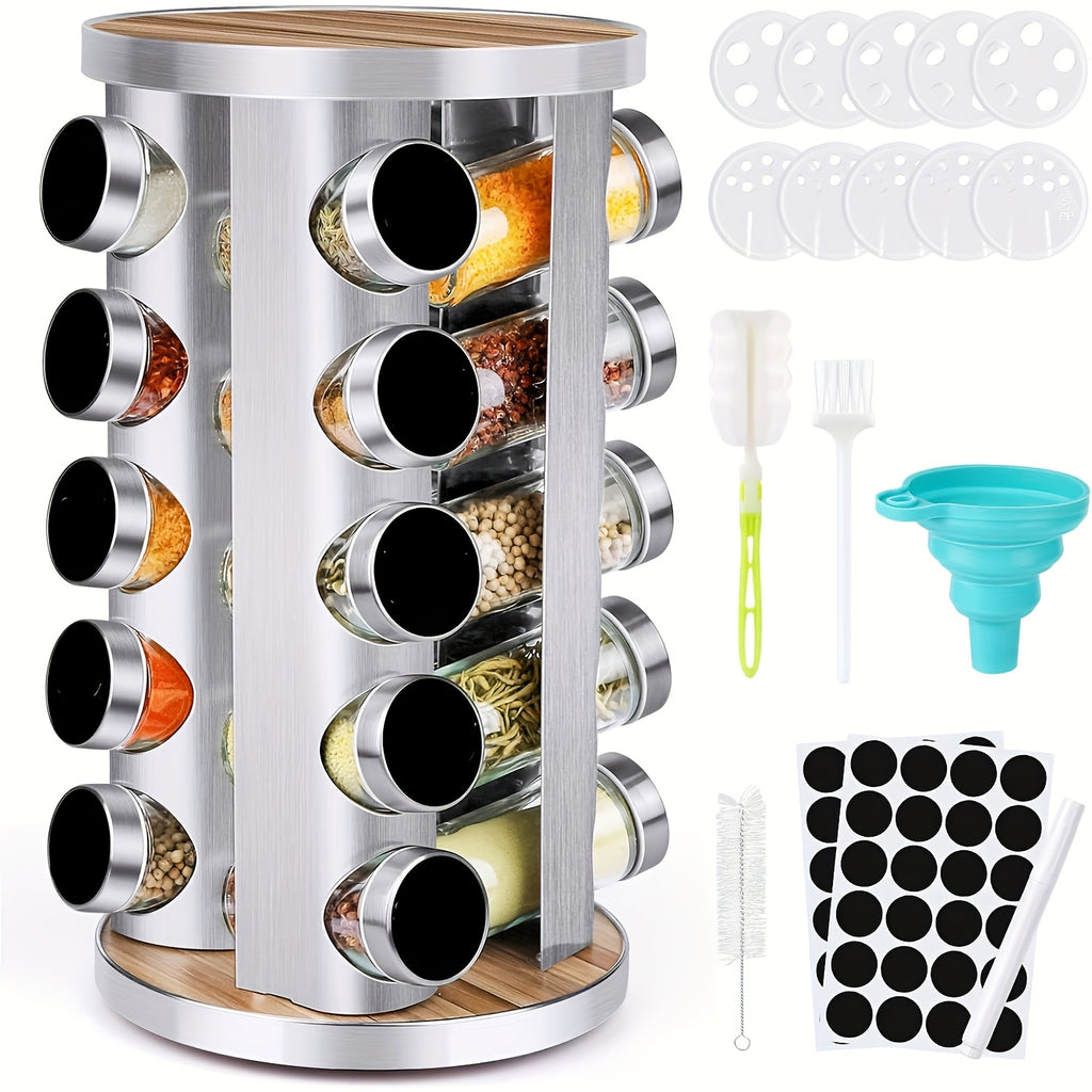 Smart Glass Spice Jar Set – clear reusable pantry storage, Spice Carousel Set Featuring 20 Spice Jars Kitchen Spice Organizer for Countertop Or Cupboard, designed for American homes, daily convenience and practical gifting