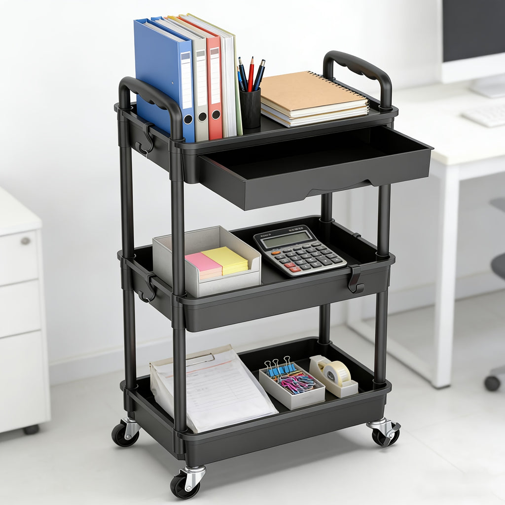 3-Tier and 4-Tier Rolling Utility Cart with Drawers - Multi-functional Storage Organizer with Plastic Shelves and Lockable Wheels, Suitable for Kitchen, Bathroom, Office, Living Room - Available Colors: Black, White, Gray, Pink, Green, Blue