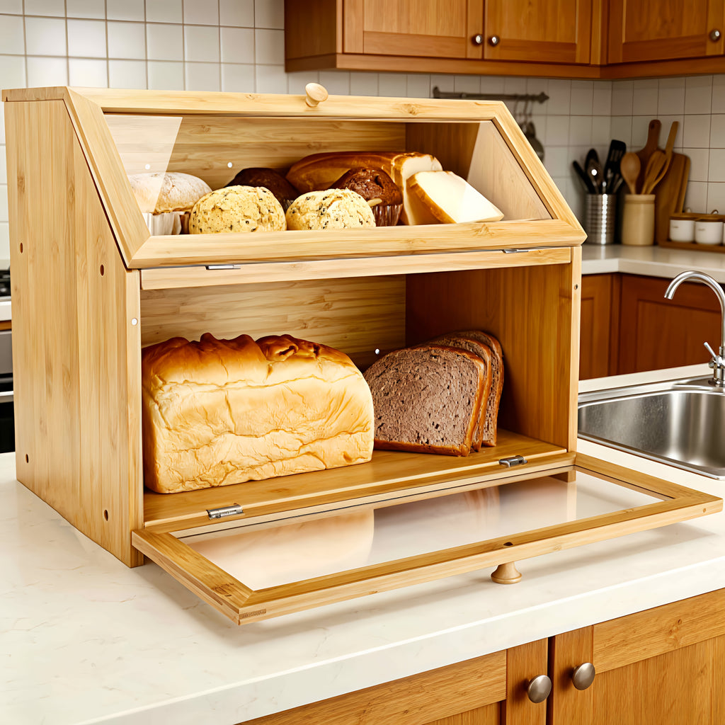 Double-Layer Bread Box | Kitchen Countertop Food Storage Organizer, Suitable for Bread, Fruits, and Snacks | Suitable for Living Room, Kitchen, Pantry, and Dining Areas