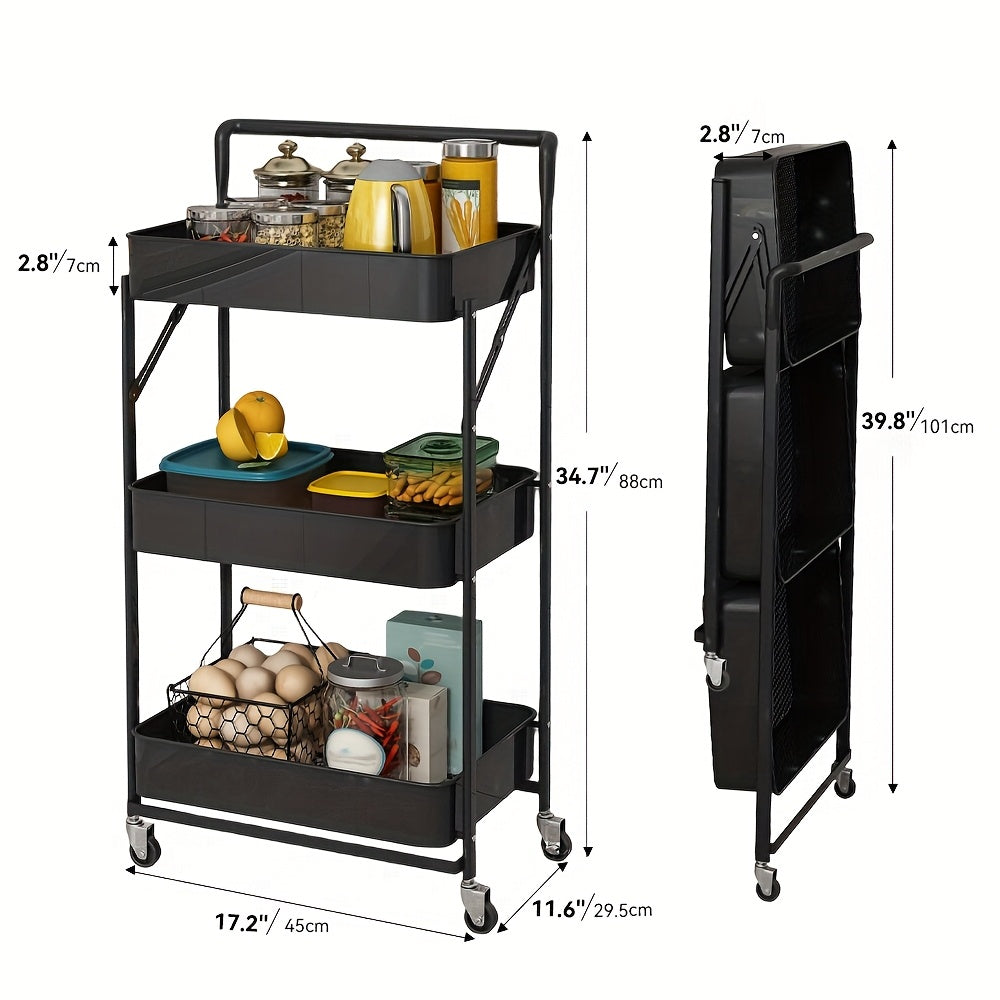 1pc Foldable 3-Tier Metal Rolling Cart, No Assembly Required, Space-Saving Foldable Storage Cart for Floor Use, Cabinet Shelf Organizer In Black, Ideal for Office, Study Room And More, Office Supplies Storage, Office Supplies And Accessories Father's