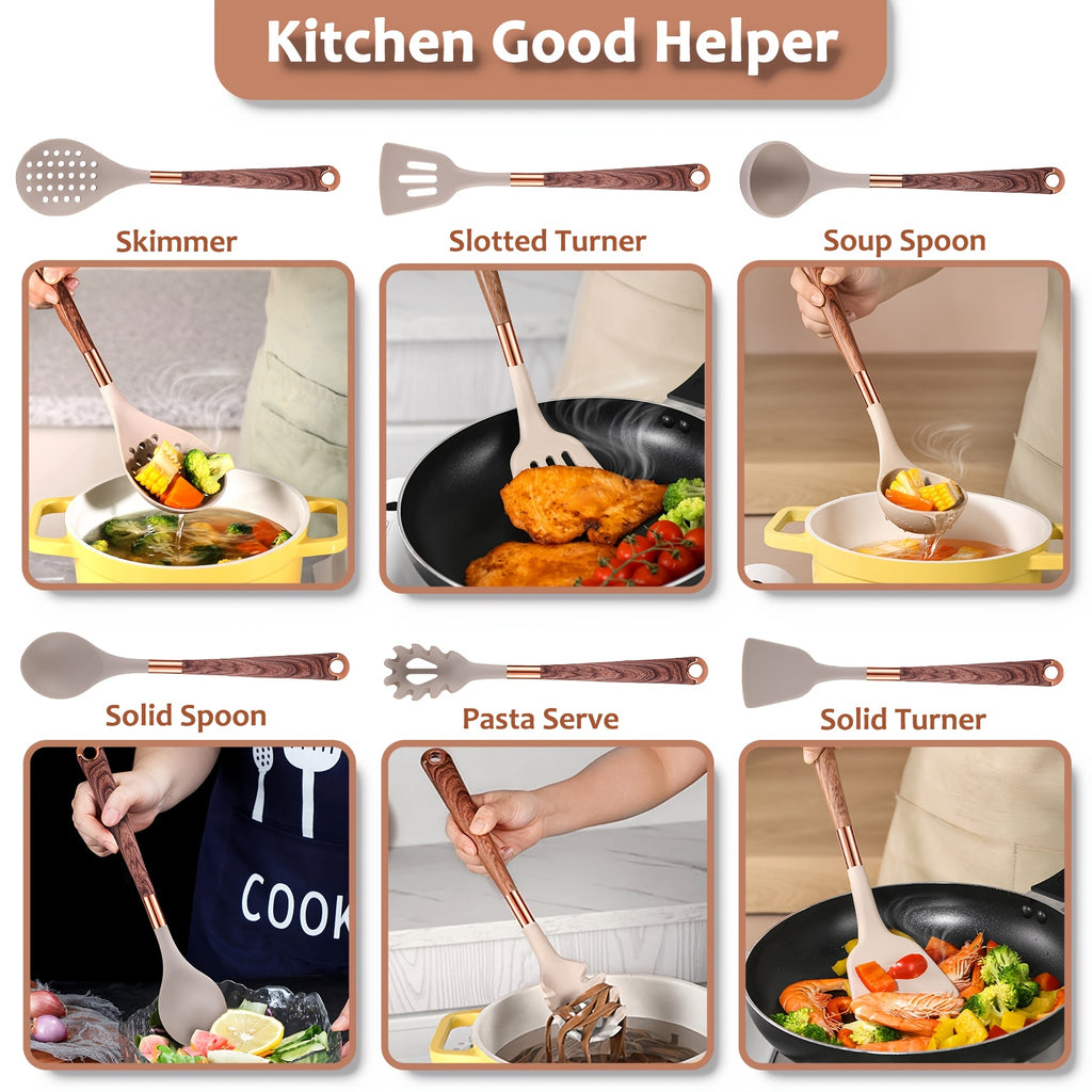 24pcs Silicone Cooking Utensils Set - Kitchen Utensils Set with Storage Box, Wood Pattern Handle Silicone Utensils for Cooking with Food Safety Turner, Pasta Server, Skimmer, Ladle, Spoon, Tong, Whisk
