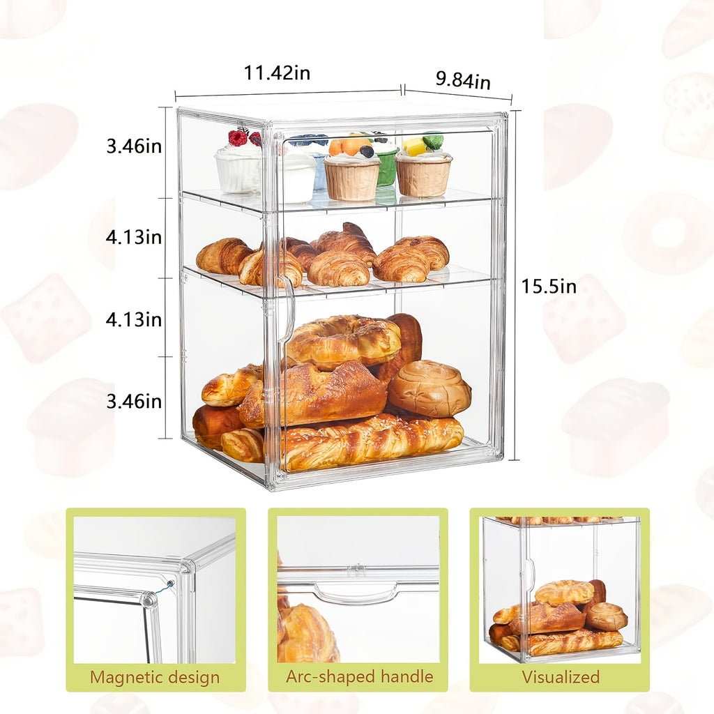 Large Bread Box for Kitchen Countertop, Pastry Display Case with Magnetic Door, with 3 Adjustable Dividers Bread Storage Container for Homemade Bread, Muffins, Bagels, Donuts
