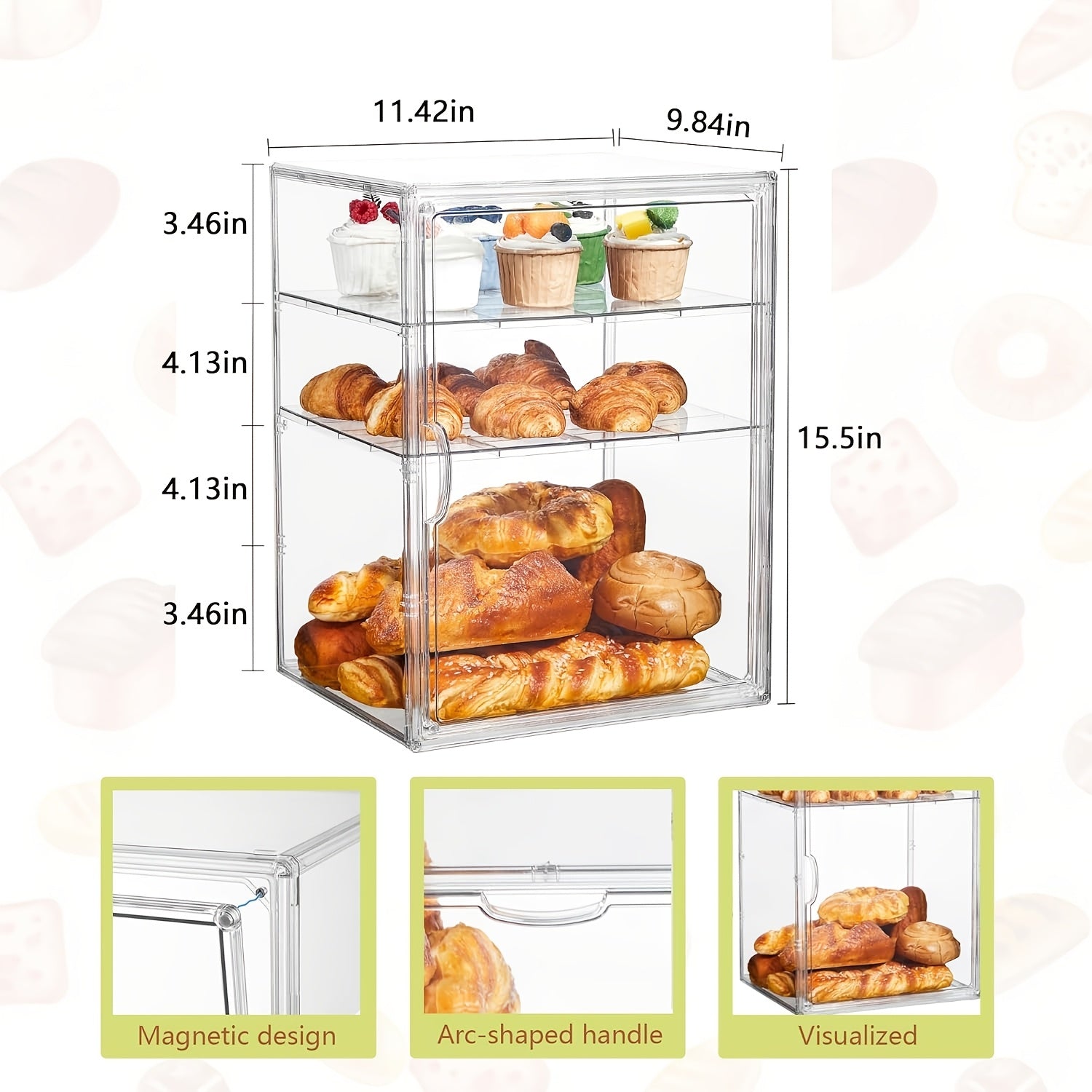 Large Bread Box for Kitchen Countertop, Pastry Display Case with Magnetic Door, with 3 Adjustable Dividers Bread Storage Container for Homemade Bread, Muffins, Bagels, Donuts