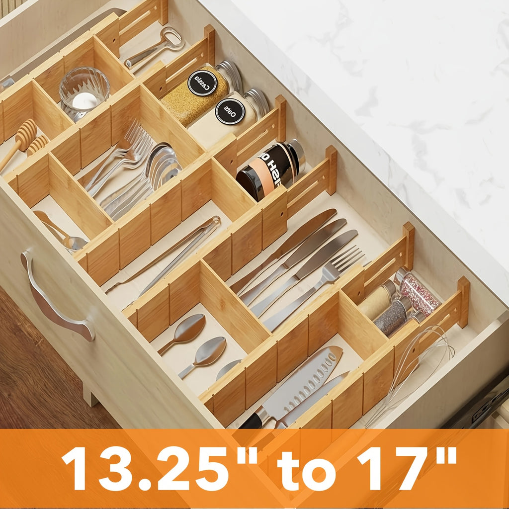 13.25-17 in Expandable Bamboo Drawer Dividers, Adjustable Organizers with Labels And Inserts for Dressers, Kitchen, Office, Desk & Drawer Organizer for Home Storage