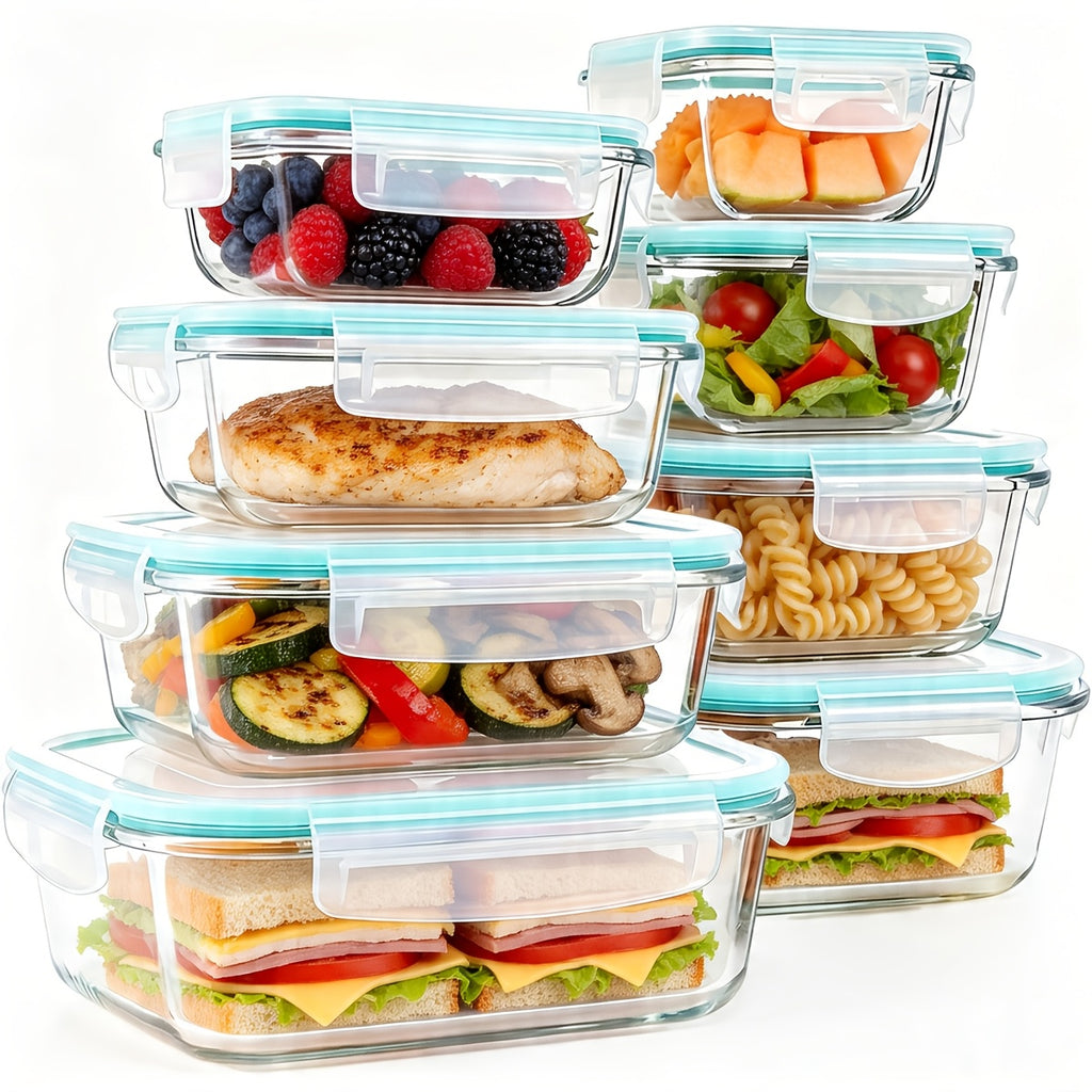 16pcs Glass Food Storage Set-perfect For Meal Prep And Kitchen Organization. Leak-proof, Airtight Glass Lunch Boxes (8 Containers + 8 Lids) Suitable For Use In The Microwave, Oven, Refrigerator, And Dishwasher. Ideal For Office Lunches.