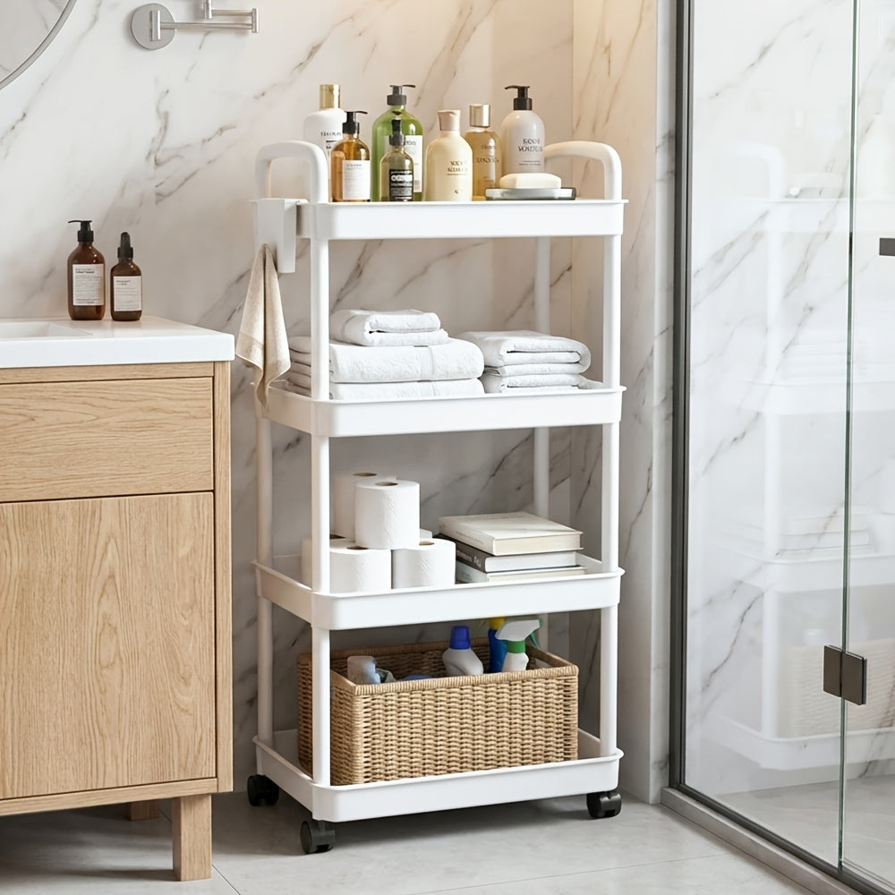 3/4/5-Tier Plastic Rolling Utility Cart with Handle, Multi-Functional Storage Trolley for Office, Living Room, Kitchen, Movable Storage Organizer with Wheels, White