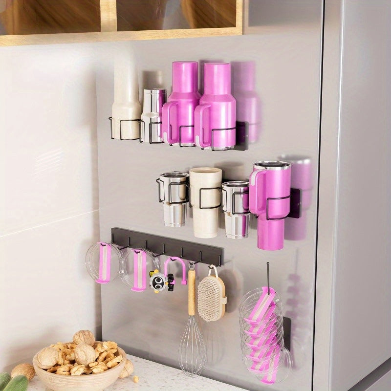 Smart Reusable Drinkware Set – easy-access beverage storage, 3 4-Cup Thermal Cup Storage Rack Magnetic Fridge Side Wall-Mount Secure Organizes Cups Lids, designed for American homes, daily convenience and practical gifting